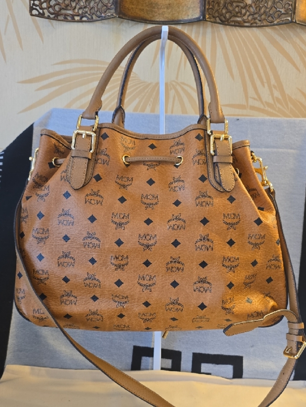 MCM Cognac Logo Drawstring Shoulder Bag with Gold Hardware - Picture 2 of 11